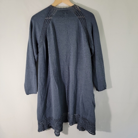 WRAP London Women's Blue Open Front Cardigan Sz 14 Linen Blend Crochet Pockets - Picture 2 of 11